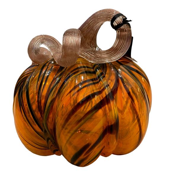 TAHARI Hand Blown Art Glass Pumpkin Orange & Black Swirl Designer Decor New - Picture 1 of 14